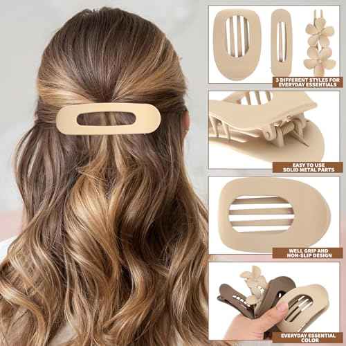 12 Pcs Flat Hair Clips for Women, 3 Styles Matte Flower Hair Clips and Flat Clips, Big and Small Neutral Colors Non-slip Flat Claw Clips Thin Thick Curly Straight Hair Accessories