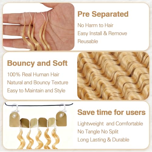 DRESSMAKER 613 Blonde Human Crochet Hair 18 Inch 60g Pre-Separated Feather Extensions - Deep Wave, Easy Install, Invisible Knots