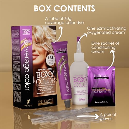 BOXY COLOR Coloring kit professional, permanent color cream hair dye with Vegetal Protein to get Hair with intense color shiny and silky. 100% Gray Coverage. (12.8 Ultra Light Special Ash Blonde)