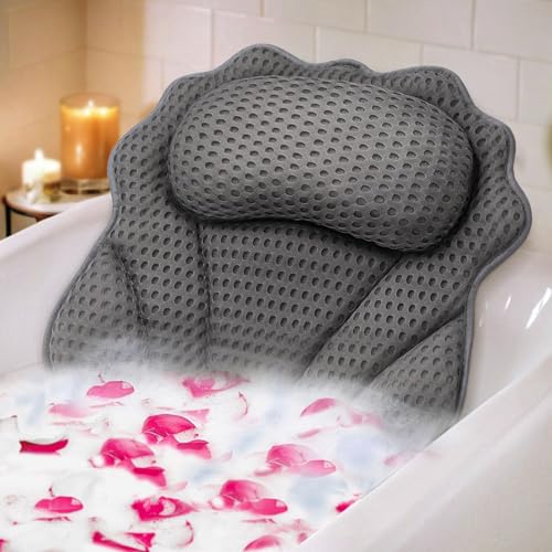 Grey Ergonomic Bath Pillow with Head, Neck & Shoulder Support - 4D Air Mesh, Strong Suction Cups