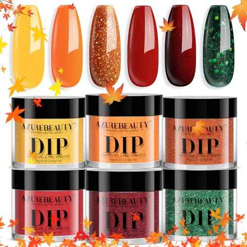 AZUREBEAUTY Fall Dip Powder Nail Set Yellow Orange Gold Red Shimmery Green Glitter 6 Colors Dipping Powder Starter Kit French Nail Art Manicure DIY Salon, No Need Nail Lamp Cured