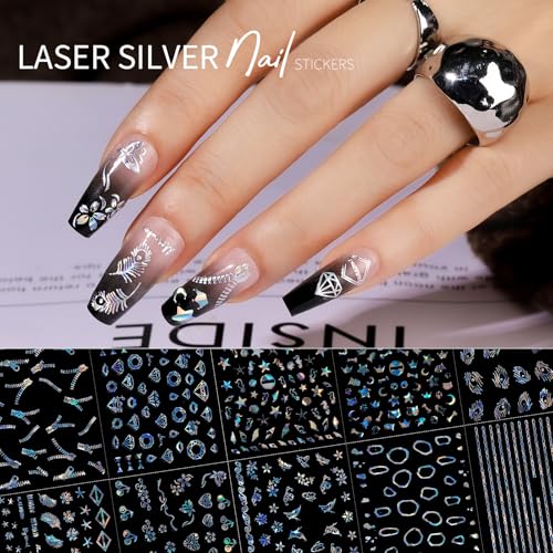 Teenitor 50 Sheets Laser Silver Aurora Nail Art Stickers - 3D Decals
