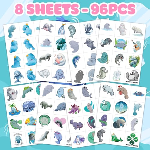 96PCS Cute Manatee Temporary Tattoos - 8 Sheets Ocean Party Favors