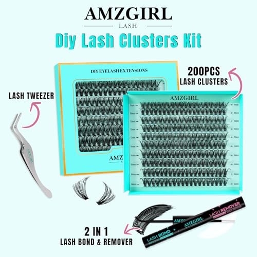 Lash Extension Kit 200PCS Lash Clusters Mix Eyelash Extension Kit with Waterproof Lash Bond and Remover,Individual Lashes with Lash Tweezers for Beginners at Home(30D,D-Mix9-16mm)