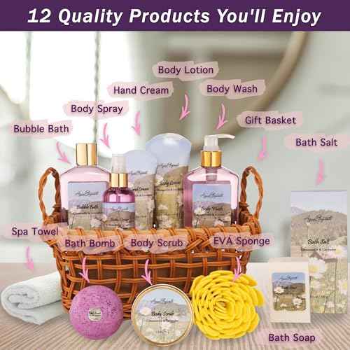 Spa Baskets For Women - Luxury Bath Set With Lavender & Chamomile - Spa Kit Includes Wash, Bubble Bath, Lotion, Bath Salts, Body Scrub, Body Spray, Shower Puff, Bathbombs, Soap and Towel