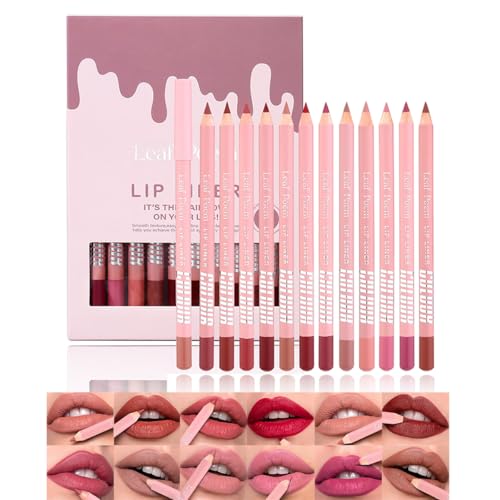 12Pcs Matte Lip Liner Pencil Set,Waterproof Creamy Lip Liner,High Pigmented Non-Stick Cup,Plumping Lip Definer Pencil Lipstick Set,Long-Lasting Smooth and Smudge-proof Natural Lip Pencils Gift