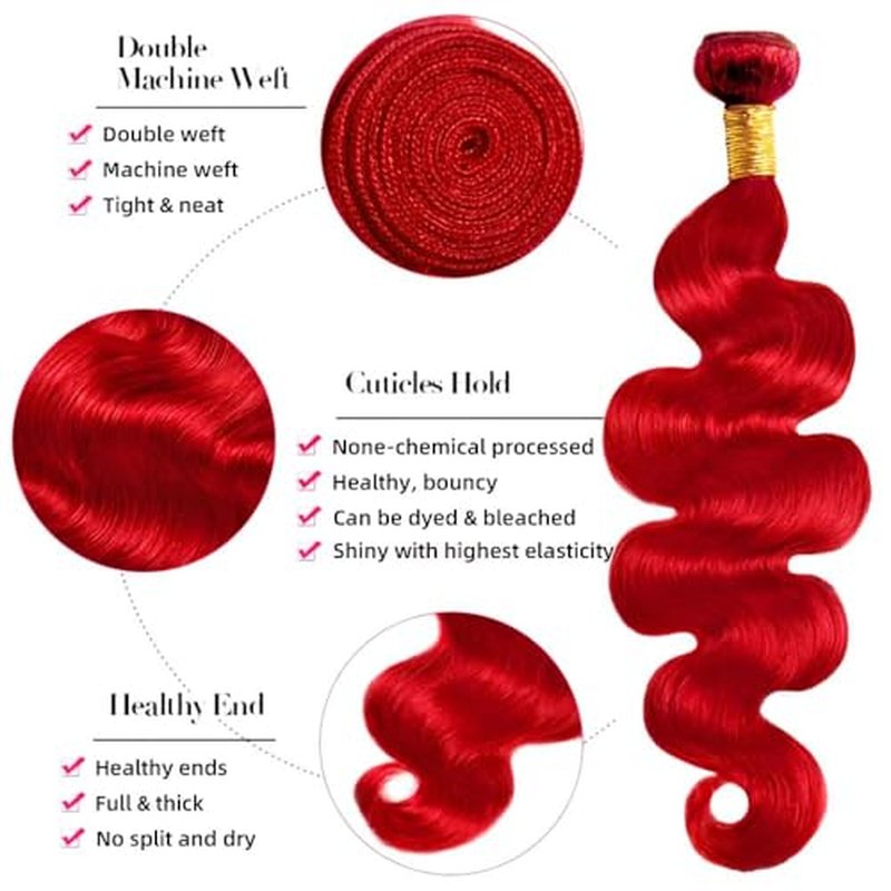 Red Body Wave Hair Bundles 16 18 20 Inch Virgin Human Hair