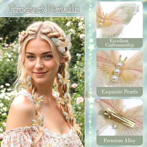 8Pcs Tulle Rhinestone Butterfly Hair Clips Moving Wings Butterflies Hair Barrettes for Girls Y2K Glitter Hairpins Cute Butterfly Claw Clips Fairy Accessories for Women Thick Thin Hair