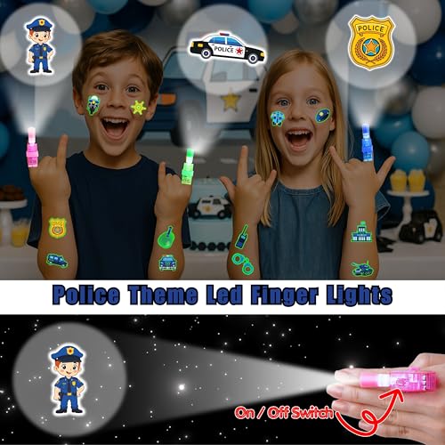72 PCS Police Party Favors ? 48 PCS Luminous Tattoos & 24 PCS LED Finger Lights Combo ? Birthday Goodie Bag Fillers, Party Supplies, Gifts Light Up Toys Glow In The Dark for Boys and Girls