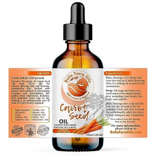 Bella Terra Oils - Organic Carrot Seed Oil 4oz - Celebrate the Nutrient-Rich Legacy of Organic Carrots, High in Vitamin K & Phytosterols, For a Supple & Radiant Appearance