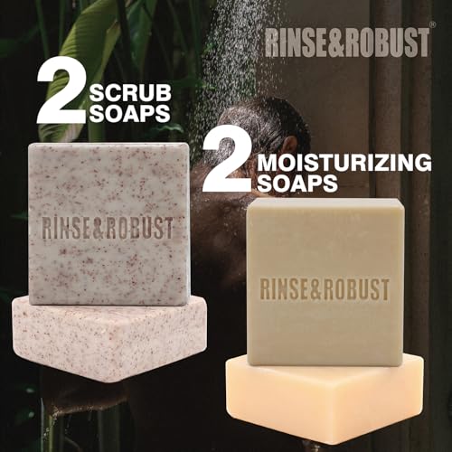 Rinse & Robust Mens Bar Soap 4Pcs Natural Soap Bar Set Cleansing Bar Moisturizing&Exfoliating Scrub Soap Gift Set Travelling for Men FACE BODY HAND BEARD WASH 4 In 1 All Skin Type |5.3 oz of 4 Bars