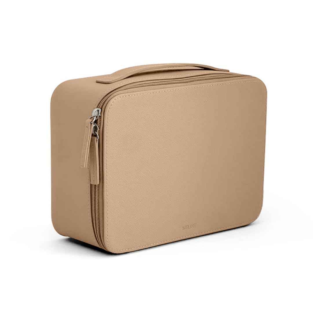 MELINE Leather Makeup Bag with Brush Holder,Travel Cosmetic Case for Women,Large Capacity Waterproof Toiletry Bag with Handle,Stylish and Durable Makeup Organizer (Khaki Brown)