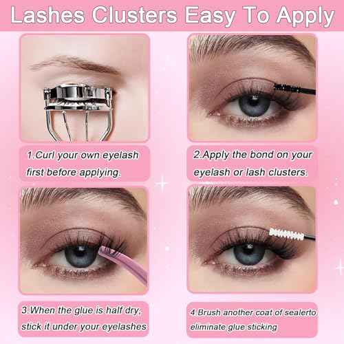 Lash Clusters Kit, Eyelash Clusters Individual Lash Extension Kit 480 Pcs D Curl Fluffy Wispy False Eyelashes Extensions Thin Band with Bond Seal Tweezers Brush Removers (40D+50D KIT)