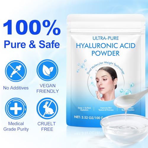 Hyaluronic Acid Serum Powder for Skin,Low and High Molecular Weight,Cosmetics Grade Skin Hydration and Moisture Support Supplements - Vegan, Water Soluble 100 Grams