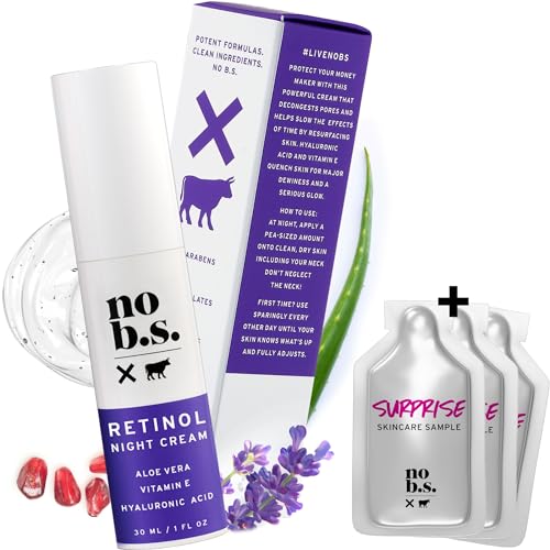 No BS Retinol Cream for Face with Hyaluronic Acid and Vitamin E, Retinol Night Cream for Spot Treatment, Vegan Wrinkle Cream and Spots Corrector for Face. Includes Free Skincare Samples