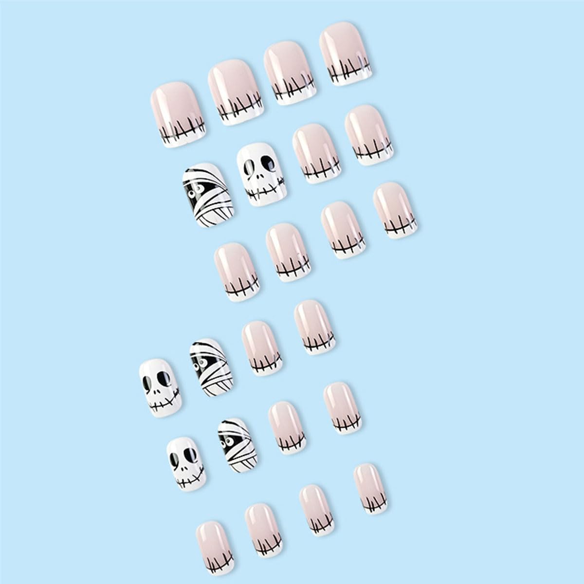 NEWSPIED Halloween Press on Nails Short Square Fake Nails White French Tip Acrylic Nails with Mummy Skull Design Cute Glue on Nails Halloween Nails Press on Full Cover False Nails for Women 24Pcs