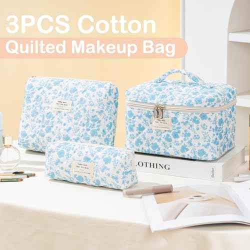 Makeup Bag for Women 3PCS Quilted Cotton Make Up Bag Travel Cosmetic Bag Large Makeup Bag Set Cute Bag Organizer Floral Toiletry Pouch for Purse, Azure Blue