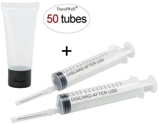 Travelwell 40ml Clear Plastic Empty Bottles with Flip Cap BPA-free Set of 50 With Injector Syringes.