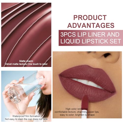 evpct 3-Piece Dark Red & Neutral Mauve & Red-Brown Lip Liner & Matte Liquid Lipstick Set (Pack of 1) – Longwear, Waterproof