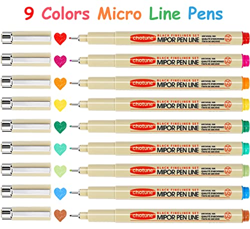 Micro Fineliner Drawing Art Pens: 9 Colors Fine Point 0.5mm Bible No Bleed Smooth Journal Zentangle Study Supplies Colored Waterproof 05 Micro Line Needle Tip Fineliner Thin Gel Felt Ink Marker