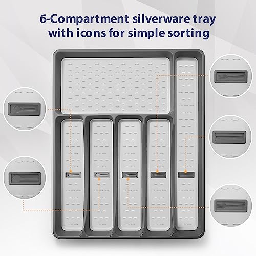 Silverware Organizer with Cutlery Icons，Pink Kitchen Silverware Tray for Drawer，Plastic Flatware Tableware Silverware Drawer Organizer Utensil Organizer with Non-slip TPR Linings，5-Compartment