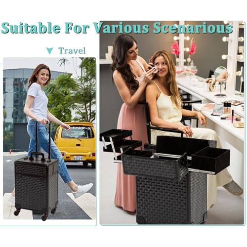 AROUS Rolling Makeup Case with 4 Trays, Black Cosmetology Trolley