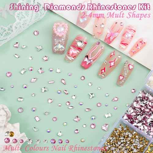 10000pcs Nail Charms and Gems:Pink Cute Bow Heart 3D Flower Charms for Junk Cases kit;Gold Chunky Butterfly Charms for Nails Design,nail jewels Diamond Rhinestones for Nails;Beads Pearls for Nails Art