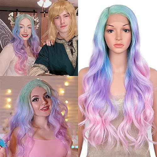 D?BUT Side Part Lace Front Wigs Colored Cosplay Synthetic Wavy Wigs Left Part Body Wave Lace Wig Heat Resistant Fiber Rainbow Color Wigs 29 Inches
