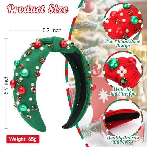 2 Pcs Christmas Headband for Women Pearl Knotted Headband Red Green Pearl Rhinestone Crystal Jeweled Hairbands Fashion Ladies Hair Band Hair Hoop Accessories Holiday Outfits Headpiece (Red and Green)