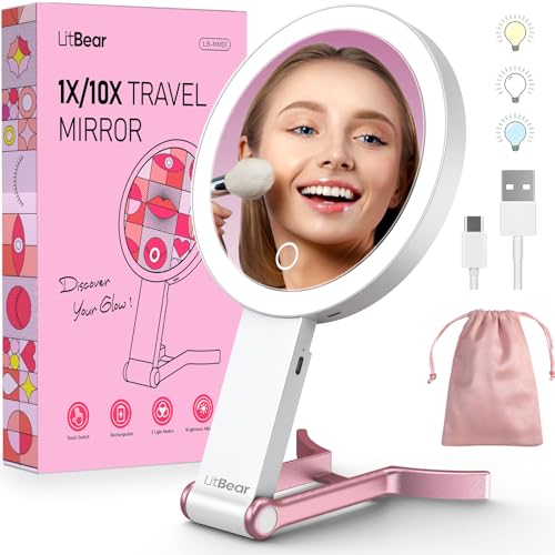 LitBear Rechargeable Lighted Makeup Mirror 10X/1X Magnifying