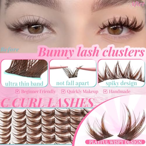 Brown Lash Clusters Manga Wispy Natural Cluster Eyelash Extensions 180pcs Bunny Anime Spike Eyelashes Cluster 8mm Bottom Lashes Individual Fake Eyelash C Curl 8-16mm DIY at Home (Spark Brown)
