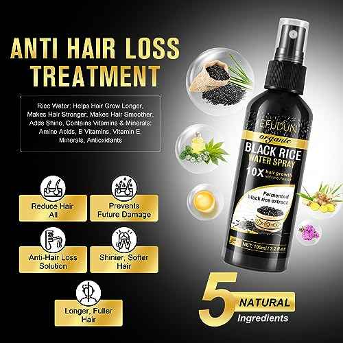 Organic Black Rice Water Spray for Hair Growth, A Solution with Castor Oil & Ginger Root Extract for Thicker, Fuller Hair, Targets Hair Loss and Repairs Damage 200ml/6.4 fl.oz (2 PC)