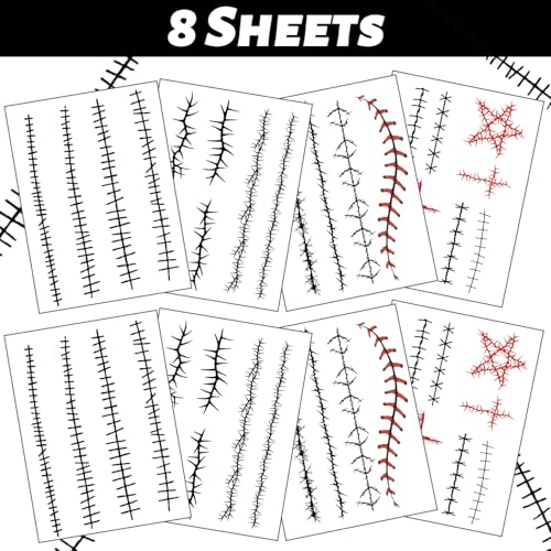 winthrop 8 Sheets Halloween Stitched Scar Temporary Tattoos, Large Size Fake Stitches & Wound Tattoos, Realistic Waterproof Horror Makeup Stickers for Halloween Costume, Cosplay&Party Supplies