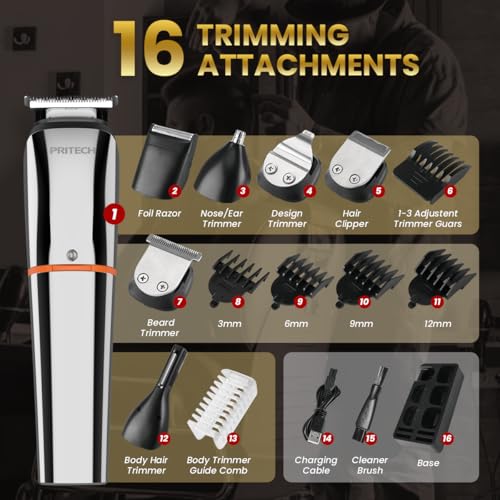 PRITECH 6-in-1 Cordless Grooming Kit with Silver Attachment Heads – Hair, Beard, Nose & Ear Trimmer