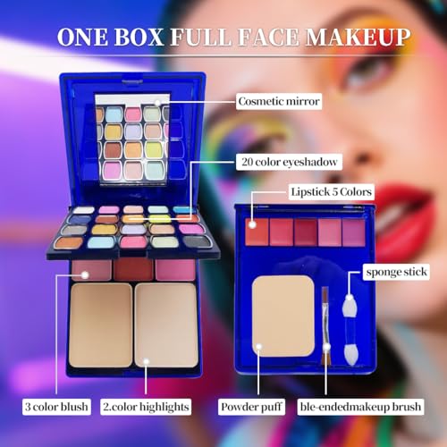 Badhare 30-in-1 Full Face Makeup Set with Eyeshadow, Lipstick, Blush, Mirror & Brushes