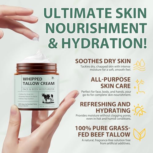 Beef Tallow Moisturizer for Face & Body - Deep Hydration, Organic Whipped Soothes Dry Skin, Promotes Natural Skin Barrier, Unscented Tallow Face Cream, 4.2 Oz