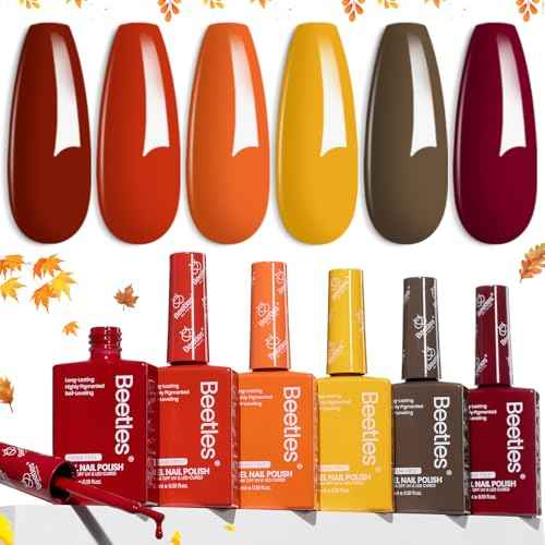 Beetles Orange Gel Nail Polish Set 6 Colors Burgundy Brown Dark Red Yellow Light Orange Fall Gel Polish Kit Soak Off UV LED Hema Free DIY Home Salon Gift for Women Autumn Dusk