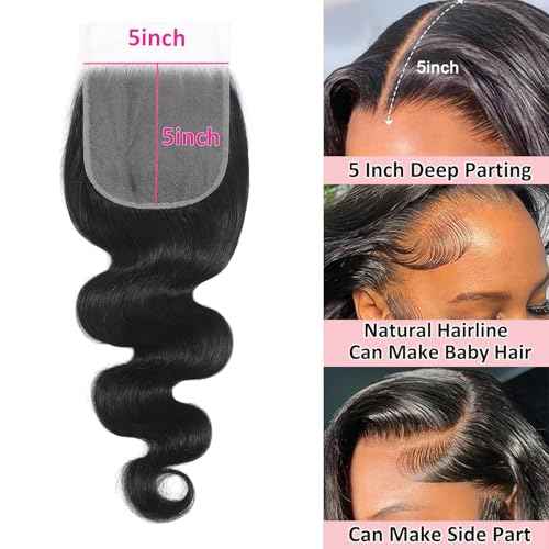 Body Wave 5x5 Lace Closure 12A Brazilian Virgin Remy Human Hair Closure for Women Hd Transparent Lace Free Part 100% Human Hair Natural Black 20 Inch