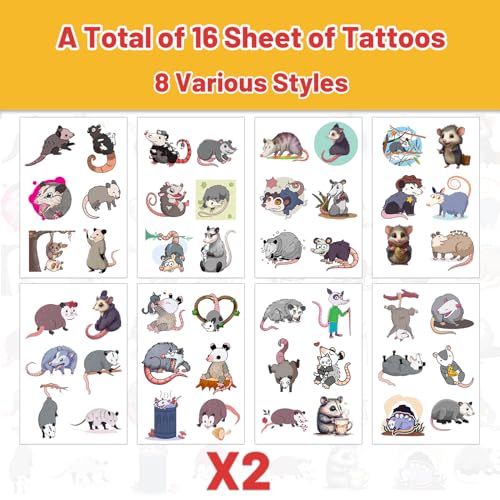 16 Sheets Possum Temporary Tattoos for Kids & Parties