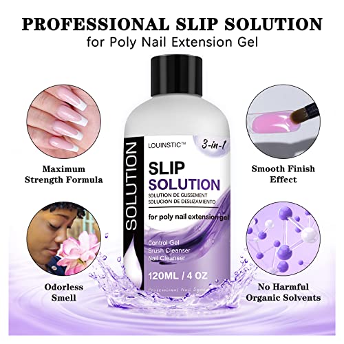 LOUINSTIC Polygel Slip Solution 4oz - 3-in-1 Anti-Stick Nail Gel Liquid