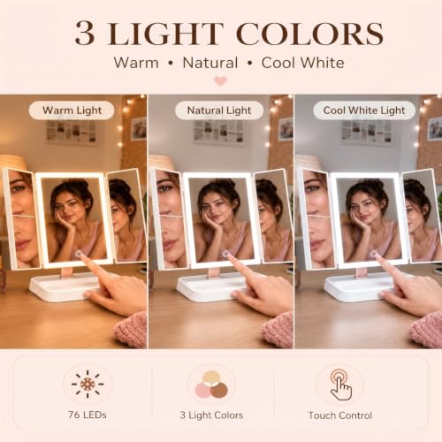 CALEPOP White Rechargeable Trifold Lighted Makeup Mirror 1X/2X/3X Magnification