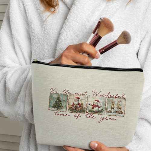 ignytiger Christmas Makeup Bag, Christmas Santa Gifts Cosmetic Bags for Women, Winter Holiday Santa Snowman Reindeer Xmas Tree Canvas Makeup Pounch Zipper Pouches for Purse