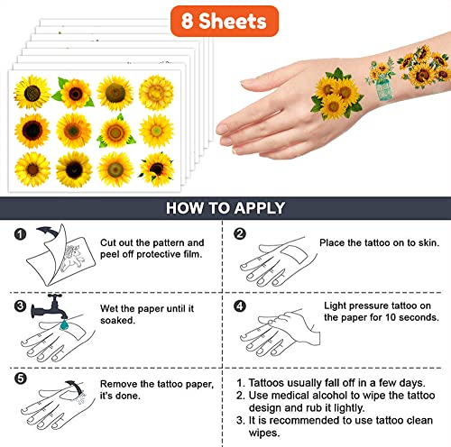 96 Pcs Sunflower Temporary Tattoos for Kids - 8 Sheets
