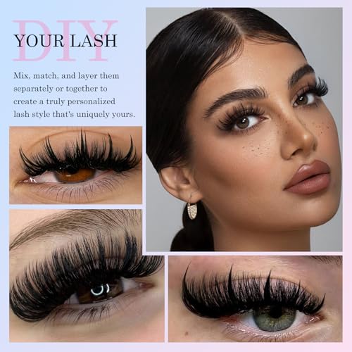 262Pcs Lash Clusters Kit, 80D 12-20mm Volume Eyelash Cluster, 14-22mm Spiky Lashes Extensions, DIY Wispy Fluffy and Spikes Individual Lashes Extension Kit with Lash Bond and Seal, Tweezers