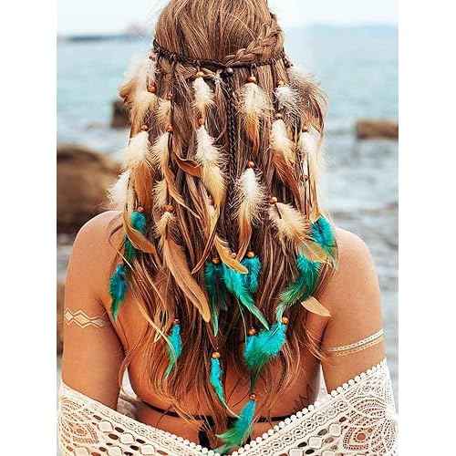 GORTIN Boho Feather Headband Hippie Headpiece Black Gypsy Costume Headdress Indian Feather Headwear Hair Accessory for Women