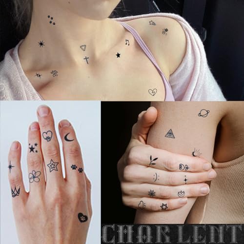 Tiny Small Semi-Permanent Tattoos for Adult - 2 Weeks Long Last Waterproof Realistic Mini Fake Tattoos for Women Men Finger Neck Body/Fades Naturally/No Reflection
