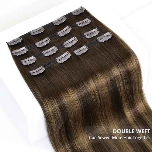 Rose bud Clip in Hair Extensions Real Human Hair 7Pcs 16Clips 18Inch 150g Natural Thick Hair Extensions Human Hair Medium Brown to Dark Blonde