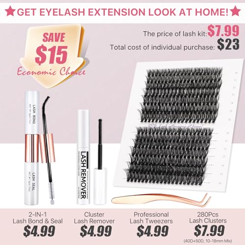 Lash Extension Kit 280Pcs C Curl Wispy 10-16MM Clusters