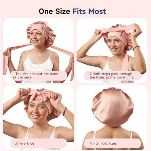 Umisleep Silk Bonnet, Soft Hair Bonnet for Sleeping, Real Mulberry Silk Lining, Bonnets for Women Hair Care, Double Layer Hair Cap with Tie, Large Silk Hair Wrap for Curly Long Hair, Blush Pink