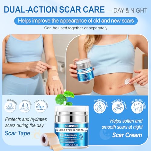 Scar Cream 6% Dimethicone Silicone Cream for Scars, Advanced Scar Removal Cream for Surgical, C-Section, Acne, Keloids, Burns, Old & New Scars, with Scar Tape, 1.69 fl.oz + 1.5m